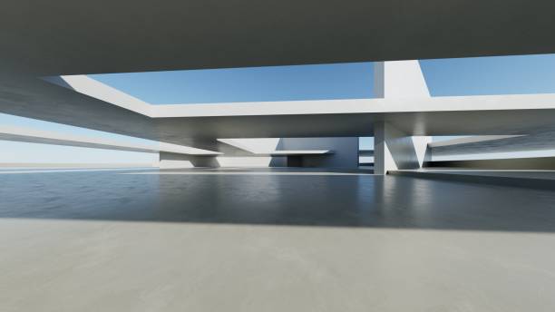istock 3d render of abstract modern concrete architecture with empty cement floor, minimal exterior, car presentation background 2205025766