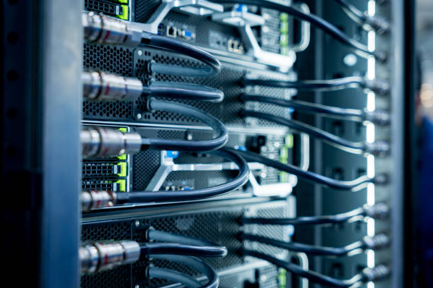istock Close up of a data center and processing unit with cables and processors. Concept of hardware and connectivity for AI computing center 2205031115