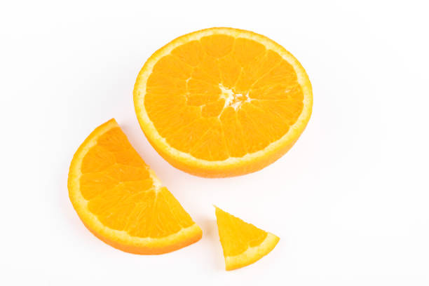 Orange slice next to 2 segments with juicy texture on white background. Copy space. Vibrant and refreshing color, perfect to represent health, energy and natural food