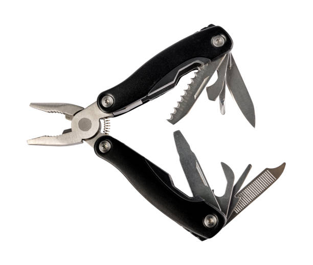 istock Steel multitool isolated on white background. Opened multitool with pliers, file, blade, screwdriver, bottle opener and saw, with a white background. Multi tool with expanded tools and pliers 2205035784