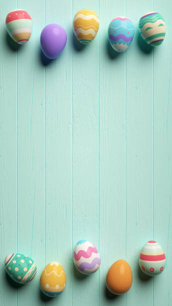 istock Painted easter eggs on a wooden blue table background for social media post in pastel colors and copy space 3D illustration 2205040040