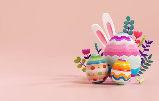 istock Happy Easter scene for greeting banner template with decorated eggs, playful bunny ears and copy space in pastel colors. Colorful modern cartoon style and 3D illustration 2205040065