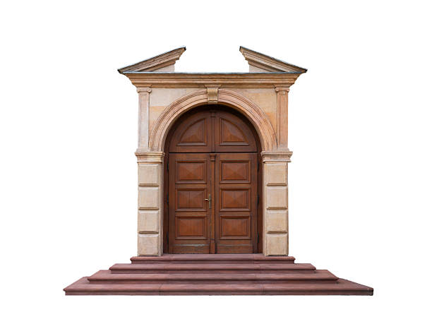 antique doors with part of house isolated on white background