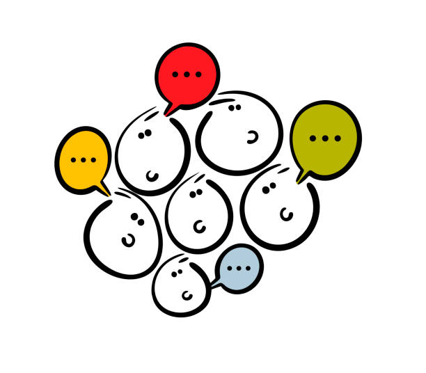 istock Lots of heads and text bubbles. Vector illustration of people in a crowd talking, arguing, sending messages, expressing opinions. Cartoon funny characters isolated on white background. 2205041666