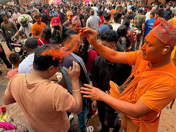 Madhyapur Thimi, Nepal – April 14, 2024: Traditional Nepali New Year celebration Bisket Jatra with cultural festivities