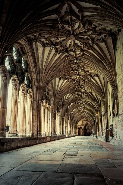 istock Gothic cathedral cloister with vaulted ceiling. 2205052155