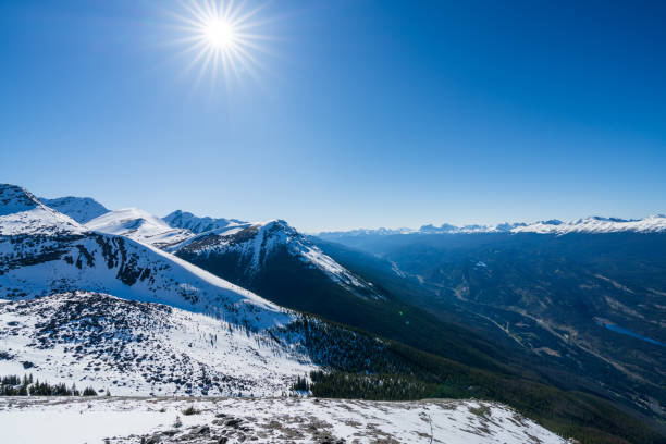 Panoramic view from the snow-covered Whistlers Peak in Jasper National Park in late spring, Jasper, Alberta, Canada.