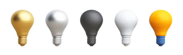 istock 3D light bulb objects golden, silver, black, white and yellow on white background. Colorful Mockup or Model, electricity energy. world idea and technology. Object with clipping path. 3D Illustration. 2205062458