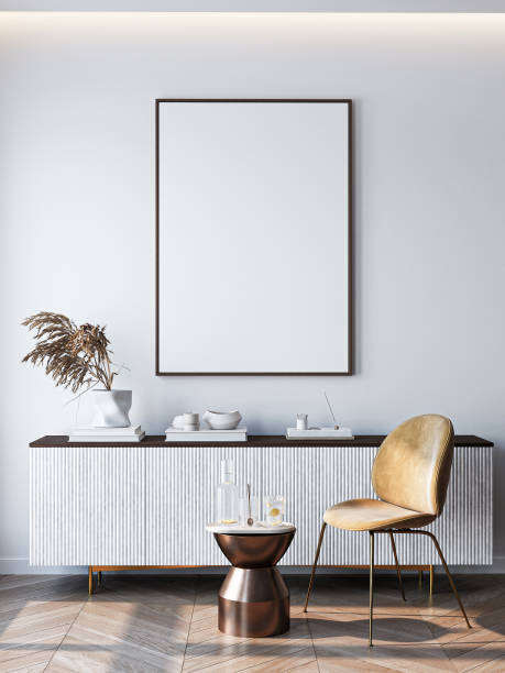 istock Poster mockup in a modern living room interior. Frame mockup with ISO A paper size. 3D illustration. 2205063775
