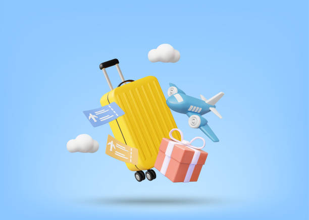 istock 3D Vector Illustration Render Icon of Suitcase, Airplane Ticket, Gift Box and Airplane. Concept of Shopping for Souvenir or Gift from Traveling Abroad, Traveling and New Experience. 2205067815