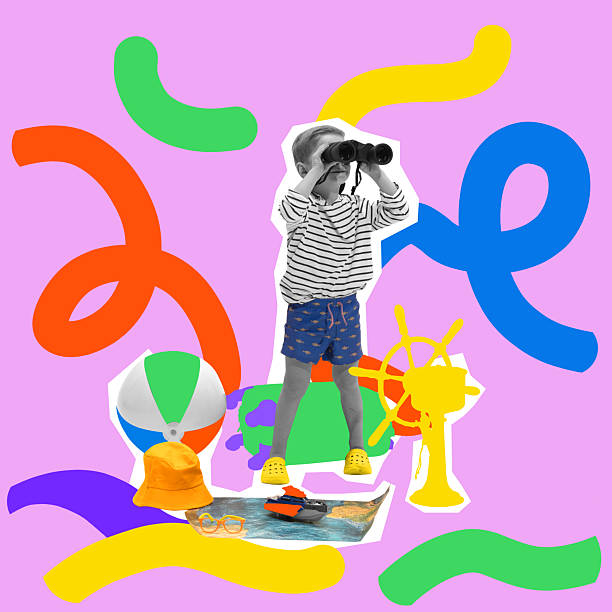 istock Boy, traveler in striped outfit looking through binoculars, surrounded by beach elements, preparing for seaside adventure. 2205071380