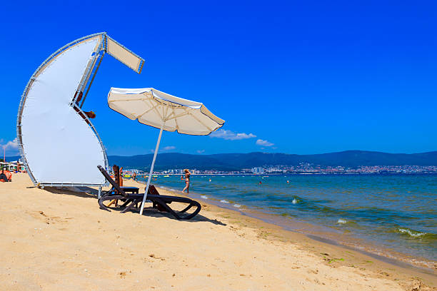 Sunny Beach, Bulgaria - June 29, 2021: Sandy beach in Sunny Beach resort town, Bulgaria