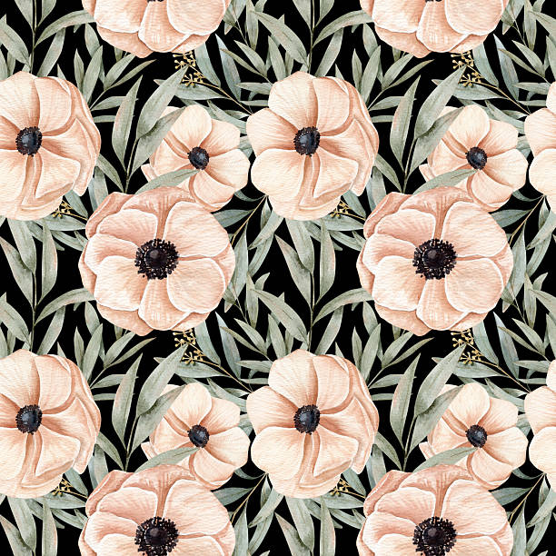 istock Watercolor seamless hand drawn pattern with different of peachy pink anemones in blossoming flowers and eucalyptus branches on a dark background. 2205074432