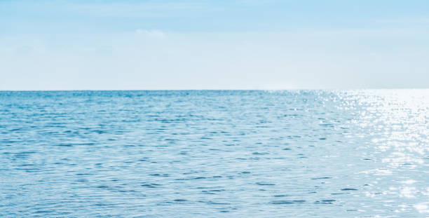 Defocused sea summer landscape with sun and glittering in foreground with empty space for text. Defocus background. Blurred travel and vacation backdrop. Abstract summer background design element.