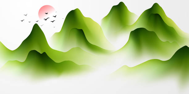 istock Modern design vector illustration of beautiful Chinese ink landscape painting. 2205077802