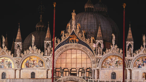 istock Beautiful night view of St Marks Basilica in Venice with intricate architecture 2205079295