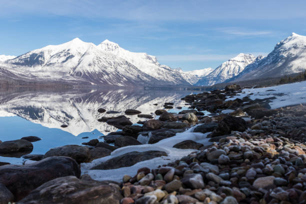 istock Glacier National Park Centered Mountain Range Showing Mirrored Reflection in Water/Lake with Snow/Ice In Foreground on a bed of stones on the shore - Clouds in the Sky - Color Photo 2205083089