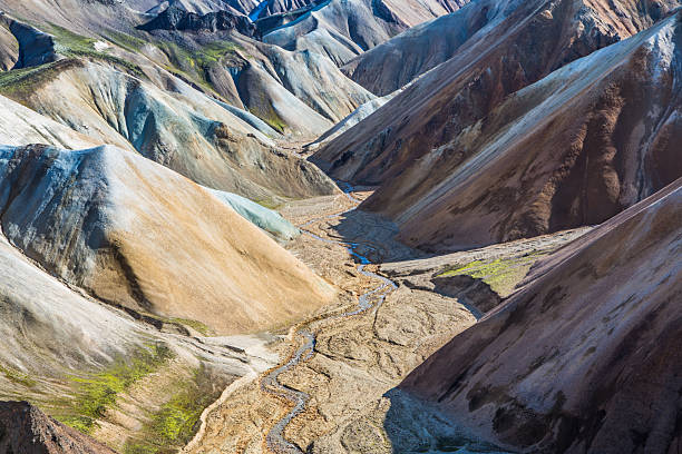 A dried river bed flowing through the Landmannalaugar National Park in Iceland