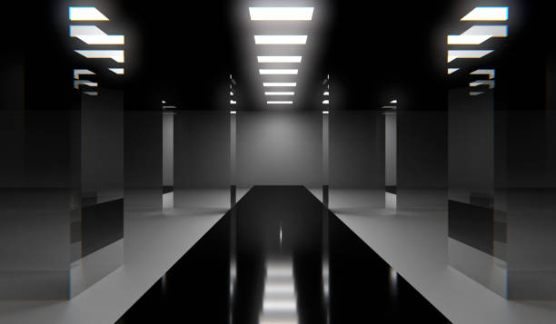 istock Dark showroom with glass pillars and corridor lights. Abstract modern architecture background. Glass panels. Neon lights. Corridor. Tunnel. Stage. Science fiction. Night. 3D illustration. 2205087318
