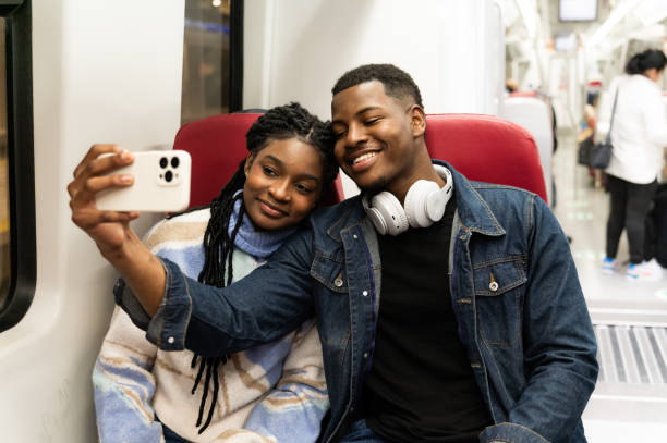 istock Young couple taking a selfie on the train during their trip 2205090276