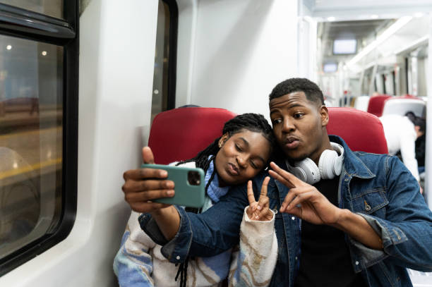 istock Young couple taking a selfie on the train during their trip 2205090281