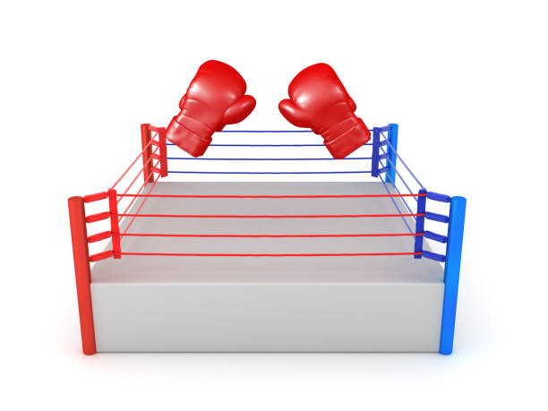 istock 3D Rendering of two boxing gloves tilted above a ring 2205092081