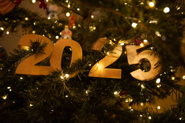 istock Horizontal Golden 2025 Ornament on Christmas Tree with Lights 2205096122