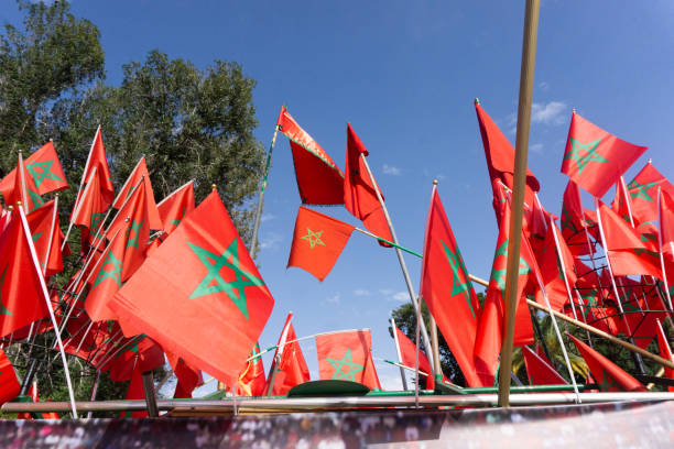 istock Moroccan flags waving against a blue sky. Numerous flags in different sizes creating a patriotic background. 2205099111