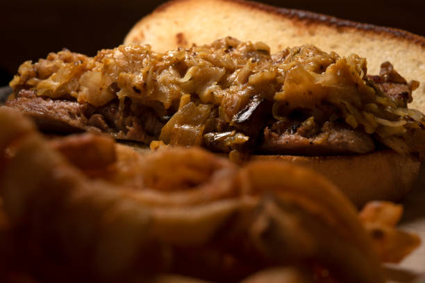 POV burger on the background of cityscape in Montreal, Canada in summer