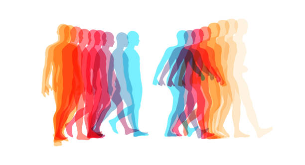 Transparent overlapping colors silhouettes. Walking man. Animation frames. Vector illustration for print, web site, poster, placard or wallpaper. Transparent overlapping colors silhouettes. Walking man. Animation frames. Vector illustration for print, web site, poster, placard or wallpaper. people walking down stairs stock illustrations