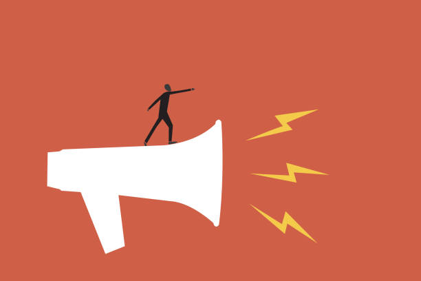 istock Businessman standing on big megaphone. concept of business communication, skill to communicate with employee, send important message or announcement 2205105845