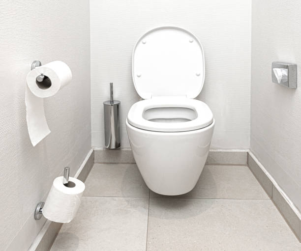 istock White ceramic toilet bowl with open lid in modern bathroom 2205108809