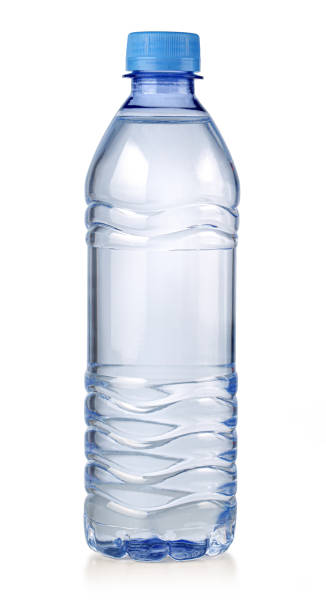 istock Small plastic water bottle with blue cap isolated on white background 2205108864