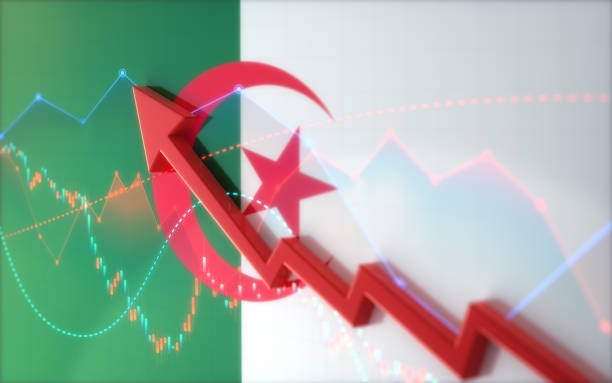 istock Red Arrow Moving Forward on Algeria Flag Financial Chart Background 2205109378