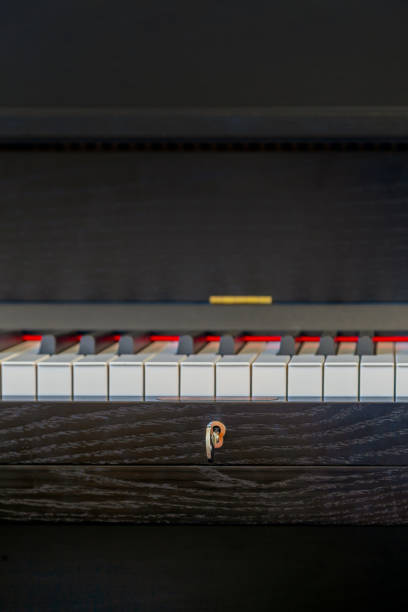 Close up image of piano keys and locking key.