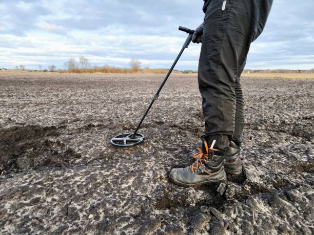 istock Treasure hunter searches for ancient coins in the ground using a metal detector. 2205119799