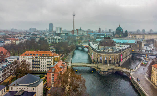 Aerial view on  Bode-Museum in Berlin and Spree river  and Fernsehturm