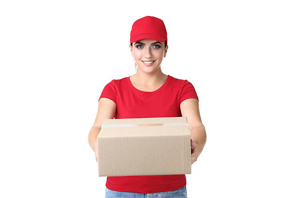 istock Delivery woman with cardboard box on white background 2205121703