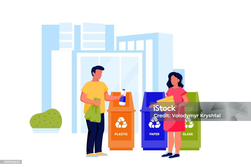 Garbage Sorting Visual Sorting Waste For Recycling Vector Flat Illustrations Ecological People ...