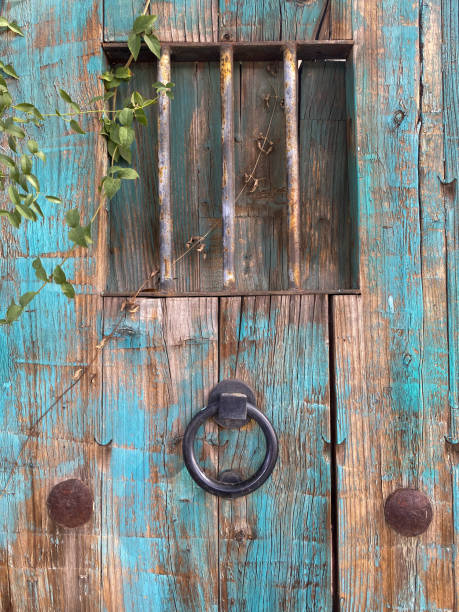 A weathered turquoise wooden door with iron bars and a vintage knocker