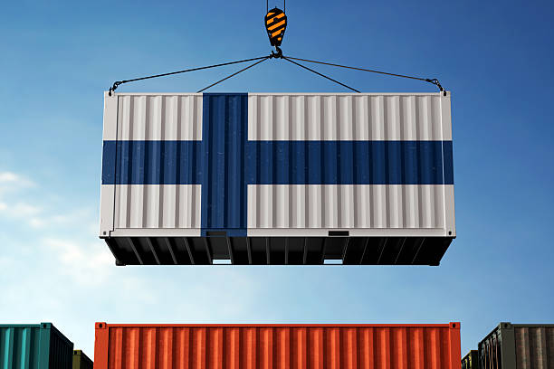 istock Finland trade cargo container hanging against clouds background 2205136723