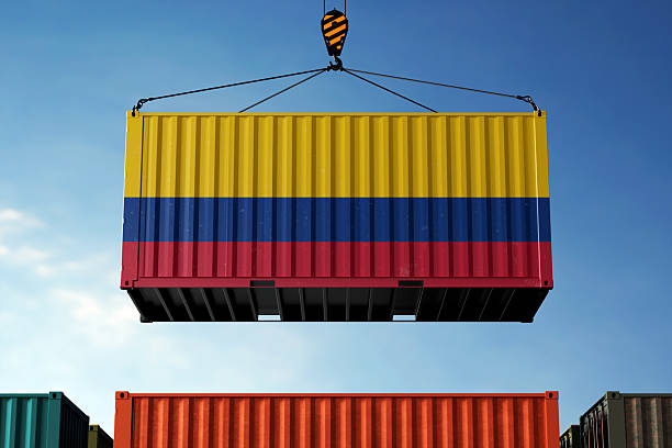 istock Colombia trade cargo container hanging against clouds background 2205136761