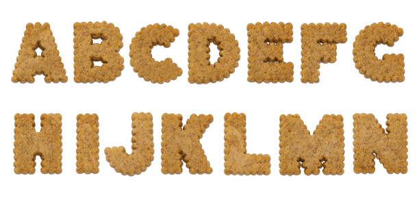 Delicious, golden-brown alphabet cookies are arranged on a white background, spelling out the letters a through n