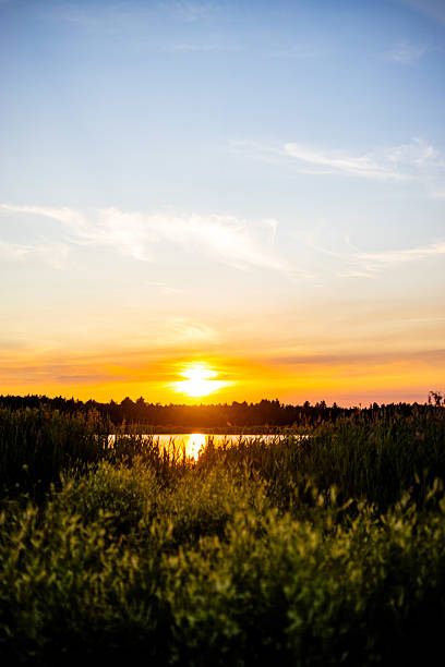 A breathtaking sunset with vibrant hues in the sky, casting a golden glow over the lake, where the reflection of the colorful sky creates a serene and peaceful atmosphere.