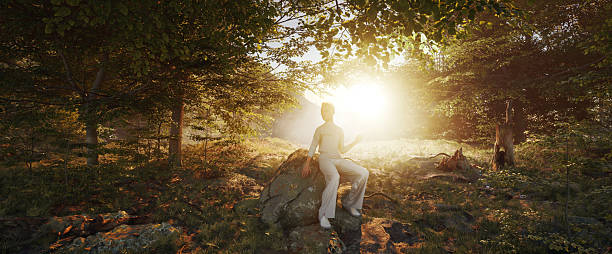 A serene 3D animation of a deciduous forest, featuring towering oak trees with moss-covered trunks. a young woman sits alone on a rock and enjoys unity with nature,