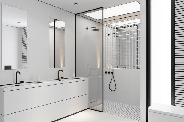 istock Modern White Large Matte Tiles Bathroom with Black Accents 2205148973