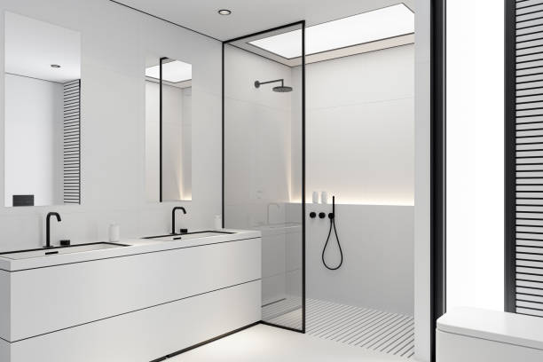 istock Modern White Large Matte Tiles Bathroom with Black Accents 2205148975