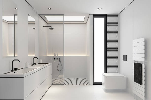 istock Modern White Large Matte Tiles Bathroom with Black Accents 2205148977