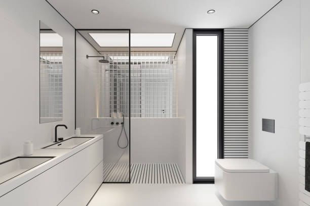 istock Modern White Large Matte Tiles Bathroom with Black Accents 2205148978