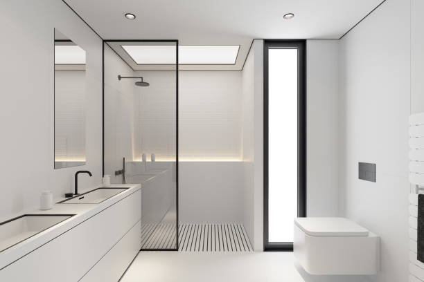 istock Modern White Large Matte Tiles Bathroom with Black Accents 2205148979